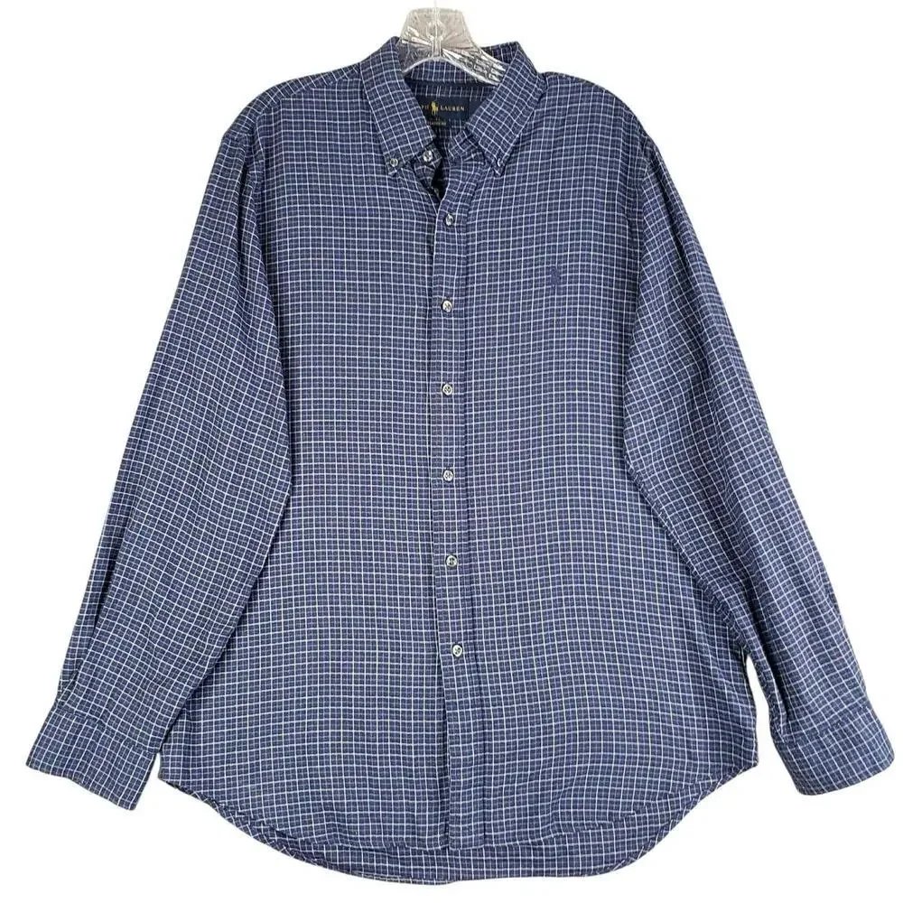 Polo Ralph Lauren Shirt Oxford Button Down Mens Size Large LS Navy Blue Plaid